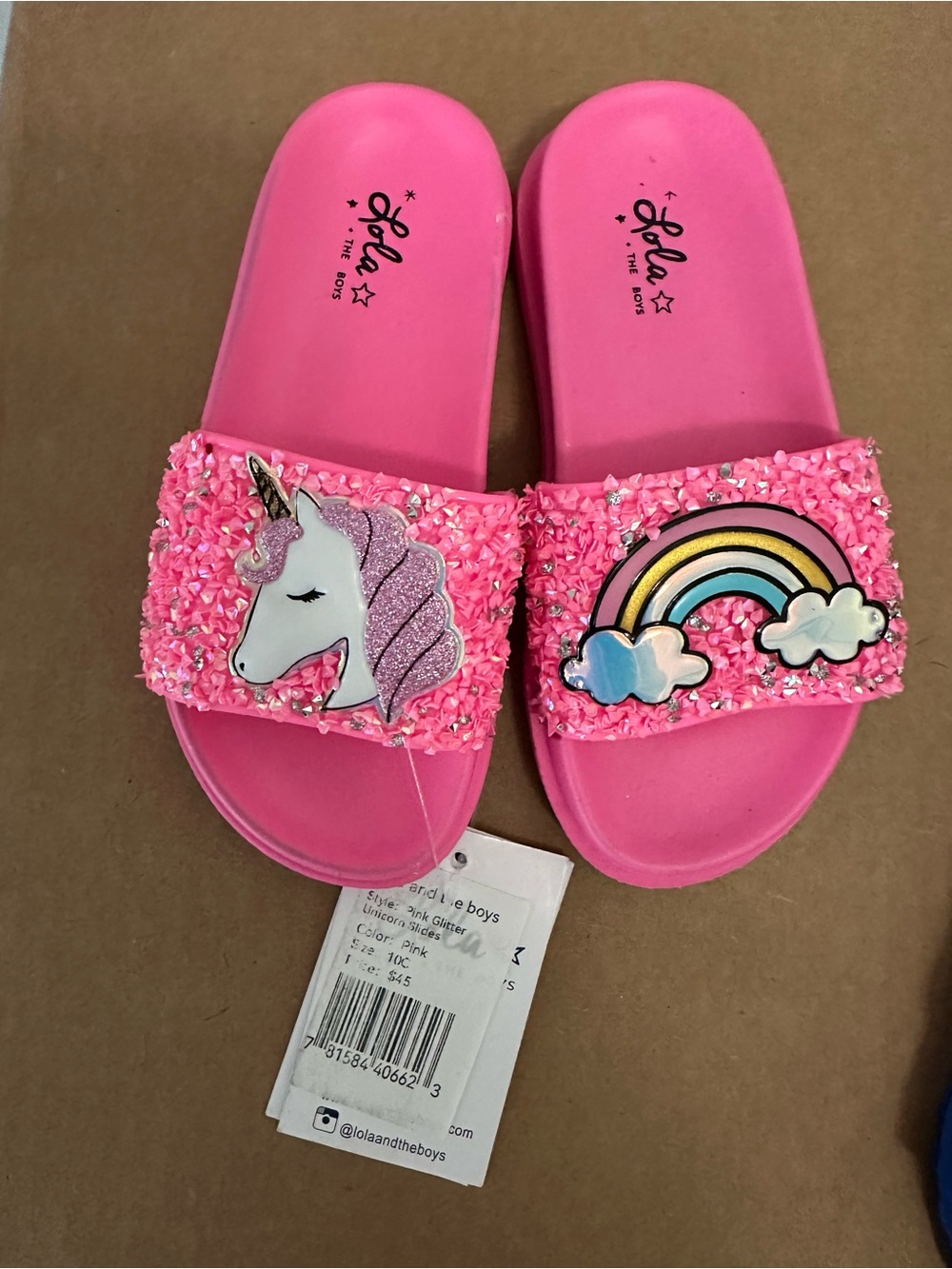 Lola + The Boys Pink Unicorn & Rainbow Slide Sandals